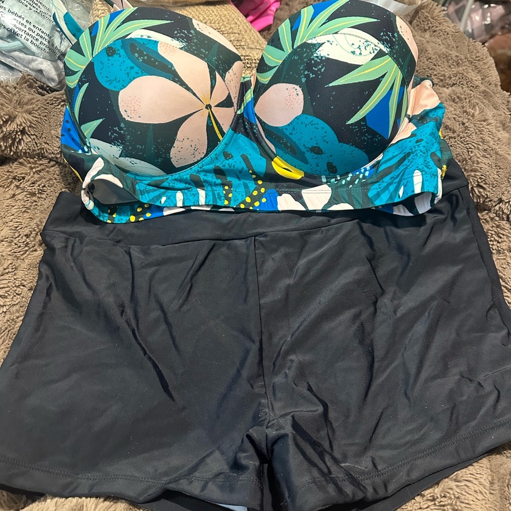 Source Unknown Blue Tropical Floral Bandeau Bikini Top with Black Swim Shorts